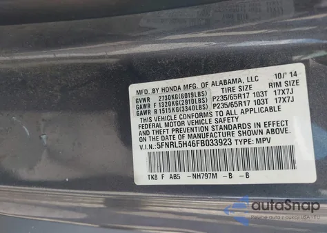 2015 Honda Odyssey Ex z USA, uszkodzony, nr VIN 5FNRL5H46FB033923